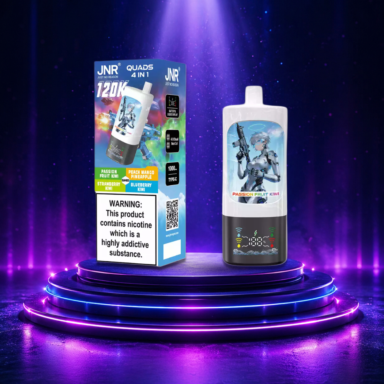 Vape descartável JNR Quads - 120K — morango, framboesa, cereja e gelo, 120 000 puffs